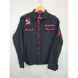 MAHRU Black Red Long Sleeve Button Up Shirt Men's 2XL‎ Crest Patch Embroidered